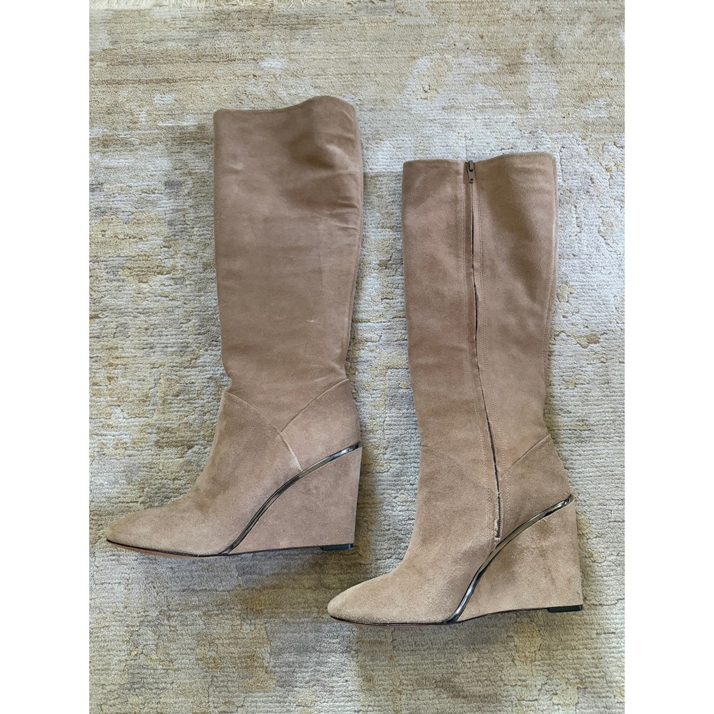 DVF Knee High Boots Womens 9 Tan Leather Suede Wedge Heel